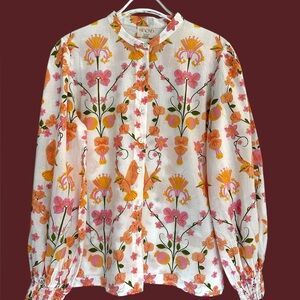 BEYOND By Vera 1791 Chiara Veranda Peach Floral Hummingbird Block Print Top XS